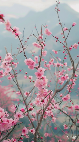 桃花绽放，背景山水之间简洁干净