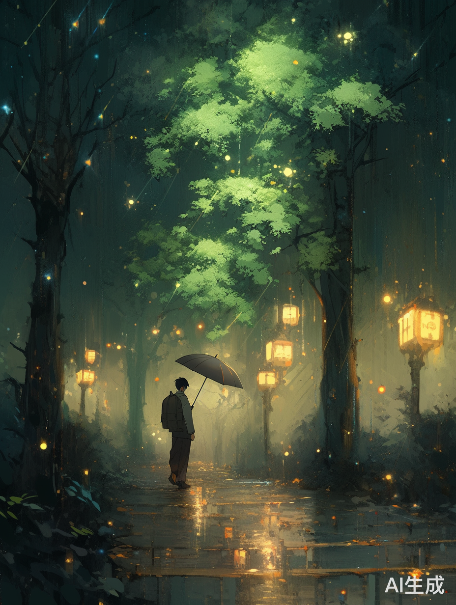 夜晚大雨中的绿树，一位俊美的少年打着伞走在小路上