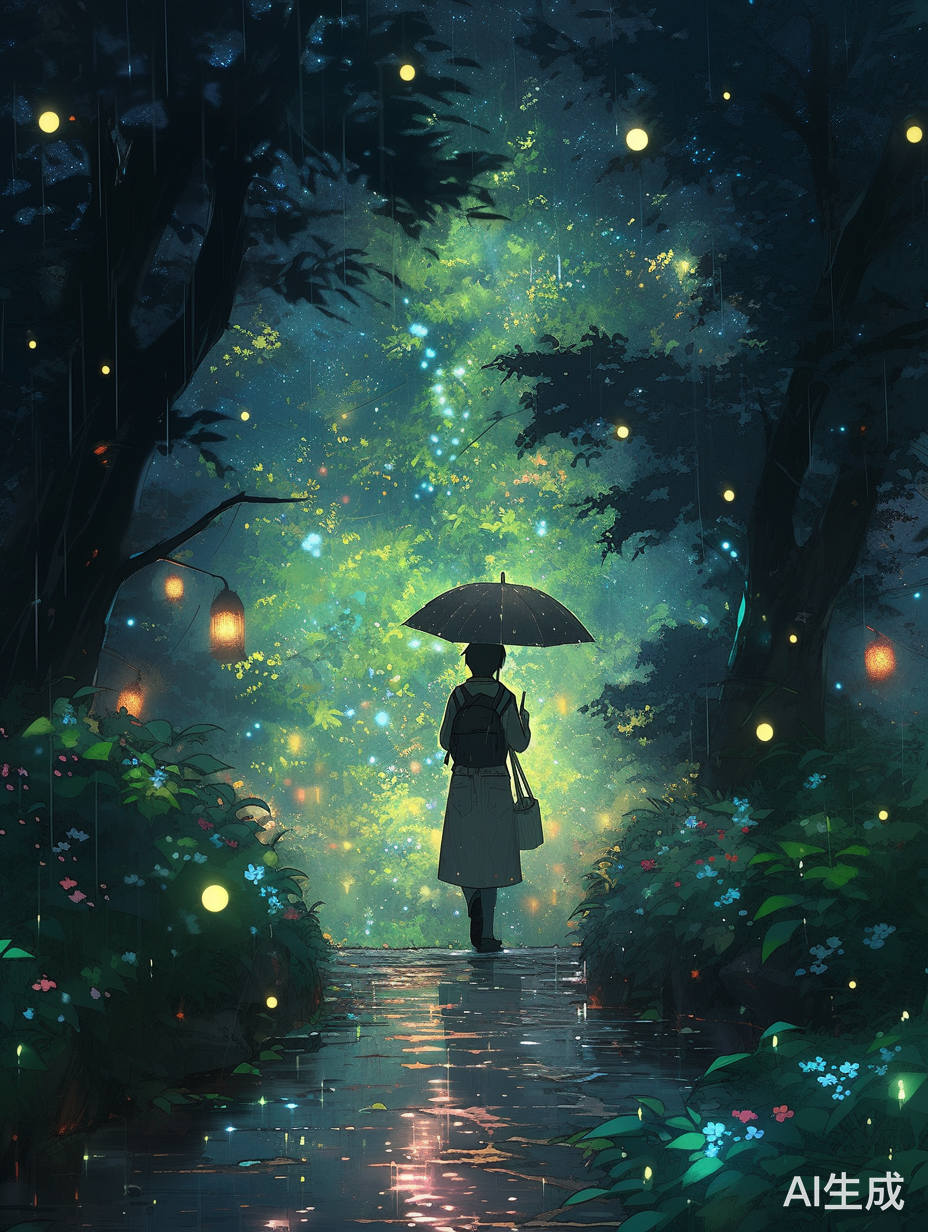 夜晚大雨中的绿树，一位俊美的少年打着伞走在小路上