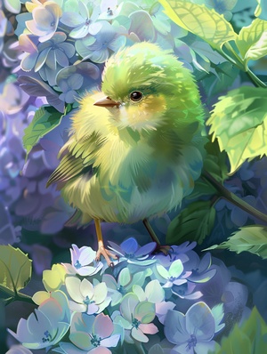 spring,a little chubby cute fluffy bird in the middle of a huge hydrangeas,in thestyle of Mobius,gradient comic colors,8K