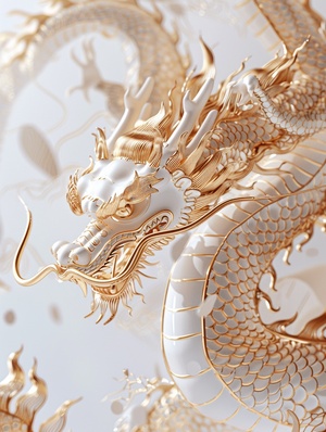 close-up, Chinese New Year, auspicious Dragon theme, abstract minimalist dragon design, subtle gold on white, clear background, C4D OC render style, soft natural lighting, simple and elegant space.ar 3:4 v 6