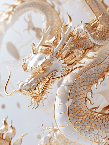 close-up, Chinese New Year, auspicious Dragon theme, abstract minimalist dragon design, subtle gold on white, clear background, C4D OC render style, soft natural lighting, simple and elegant space.ar 3:4 v 6