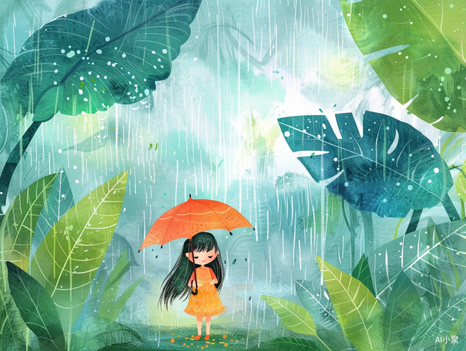 An enchanting depiction of the The rains Chinese solar term festival,spring, A little girl with an umbrella, long black hair, in a dress, behind her are large leaves with rain on them, on a rainy spring day, leaves,fairytale,watercolor painting, sense of light,fairytale fantasy, bright background, Artwork, flat illustration,Victo Nqai style, 16k,super detailed