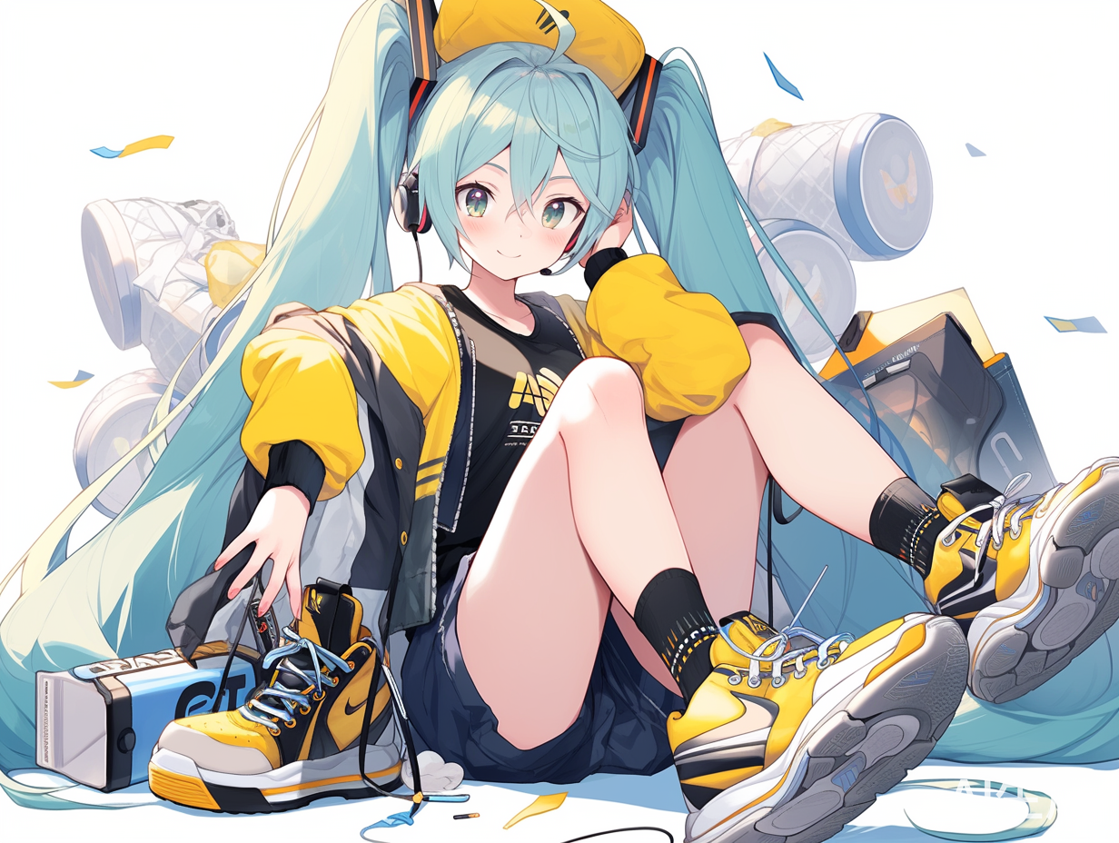 长发女孩，双马尾，黄色头发，超长的头发，蓝色的眼睛，蓝色短裙，白色衬衫，小腿袜，五颜六色的发卡，刘海，运动鞋，，对细节的敏锐关注，最好的作品，最好的质量，最好的细节，完美的手，手部增强，完美的脸，完美的五官，脸部蹭强，漂浮的头发，手持一个话筒，说唱，