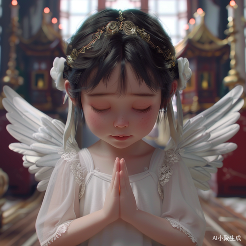 小女孩天使 占屏幕一半 背后有翅膀 闭眼作揖祈祷 低头