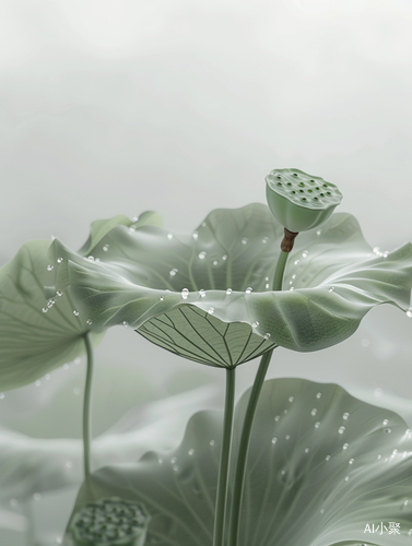 A curved lotus, two lotus leaves, tilted, super clean white space, Chinese painting style, Zen mist, water drops, misty wonderland, multi-angle shooting, the lens is on the lotus, photographer: Akira Kurosawa,inspiration From Takashi Murakami