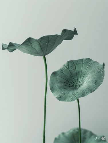 A curved lotus, two lotus leaves, tilted, super clean white space, Chinese painting style, Zen mist, water drops, misty wonderland, multi-angle shooting, the lens is on the lotus, photographer: Akira Kurosawa,inspiration From Takashi Murakami