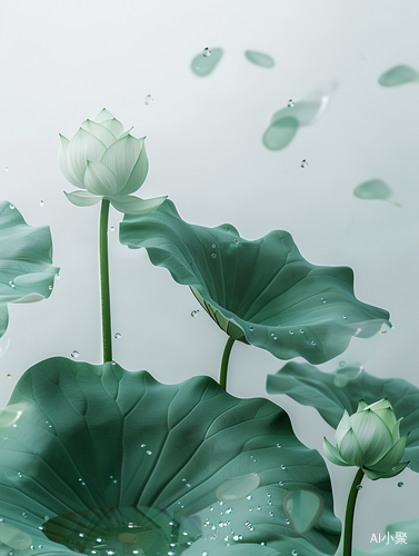 A curved lotus, two lotus leaves, tilted, super clean white space, Chinese painting style, Zen mist, water drops, misty wonderland, multi-angle shooting, the lens is on the lotus, photographer: Akira Kurosawa,inspiration From Takashi Murakami