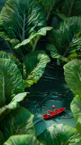 Imagine an expansive , dew - filled terrain where colossal bok choy leaves rise like lush green skyscrapers in a verdant metropolis . In the foreground , a small red boat with two tiny adventurers is rowing across a reflective water surface that seems vast and lake - like due to their miniature perspective . The leaves , with veins like roadways and water droplets like morning mist , create a fresh , organic cityscape . The boat is detailed and vibrant , contrasting with the monochromatic green of the bok c