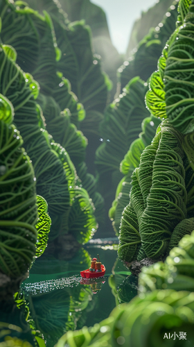 Imagine an expansive , dew - filled terrain where colossal bok choy leaves rise like lush green skyscrapers in a verdant metropolis . In the foreground , a small red boat with two tiny adventurers is rowing across a reflective water surface that seems vast and lake - like due to their miniature perspective . The leaves , with veins like roadways and water droplets like morning mist , create a fresh , organic cityscape . The boat is detailed and vibrant , contrasting with the monochromatic green of the bok c