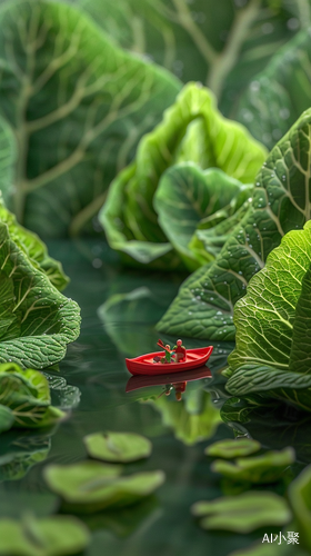 Imagine an expansive , dew - filled terrain where colossal bok choy leaves rise like lush green skyscrapers in a verdant metropolis . In the foreground , a small red boat with two tiny adventurers is rowing across a reflective water surface that seems vast and lake - like due to their miniature perspective . The leaves , with veins like roadways and water droplets like morning mist , create a fresh , organic cityscape . The boat is detailed and vibrant , contrasting with the monochromatic green of the bok c