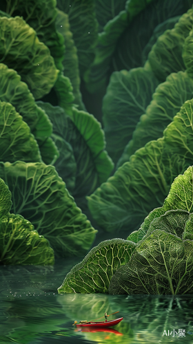 Imagine an expansive , dew - filled terrain where colossal bok choy leaves rise like lush green skyscrapers in a verdant metropolis . In the foreground , a small red boat with two tiny adventurers is rowing across a reflective water surface that seems vast and lake - like due to their miniature perspective . The leaves , with veins like roadways and water droplets like morning mist , create a fresh , organic cityscape . The boat is detailed and vibrant , contrasting with the monochromatic green of the bok c