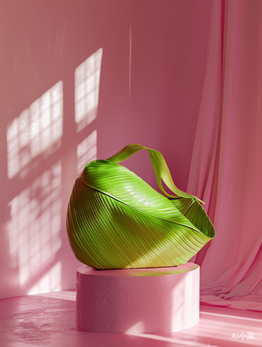 Product photography of a green bag that looks like a leaf. positioned on a pink pedestal.A pink wall in the background. Frontal light.ultrarealistic photography