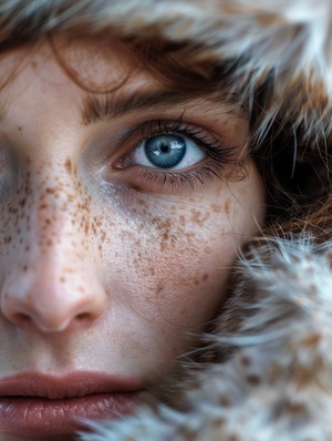 the fascination of the light-shadow play of rembrandt on the face of a light blue eyed woman in a fur coat looks sad into the camera with spotted pony hair, super macro, iso 60, professional photography, Fuiifilm GFX 50S II style raw-