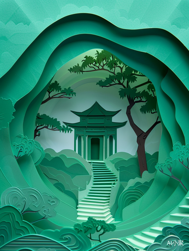 叠纸kirigamimulti-dimensional paper kirigami craft featuring chinese pavilion and pine tree, tunnel composition, set against a minimalistic landscape background, geometric shapes, dreamy green pastel tones, colorful oil, exquisite details, UHD, —ar 4:7