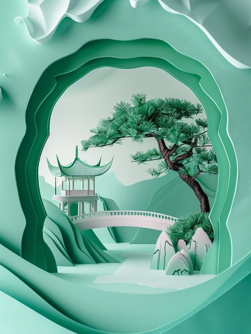 叠纸kirigamimulti-dimensional paper kirigami craft featuring chinese pavilion and pine tree, tunnel composition, set against a minimalistic landscape background, geometric shapes, dreamy green pastel tones, colorful oil, exquisite details, UHD, —ar 4:7