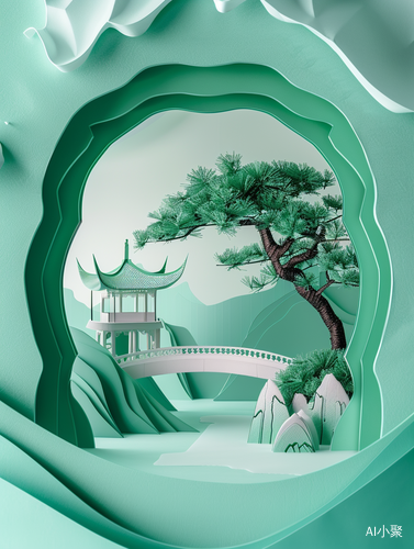 叠纸kirigamimulti-dimensional paper kirigami craft featuring chinese pavilion and pine tree, tunnel composition, set against a minimalistic landscape background, geometric shapes, dreamy green pastel tones, colorful oil, exquisite details, UHD, —ar 4:7