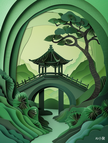 叠纸kirigamimulti-dimensional paper kirigami craft featuring chinese pavilion and pine tree, tunnel composition, set against a minimalistic landscape background, geometric shapes, dreamy green pastel tones, colorful oil, exquisite details, UHD, —ar 4:7