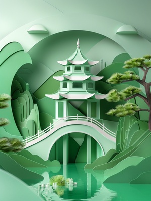 叠纸kirigamimulti-dimensional paper kirigami craft featuring chinese pavilion and pine tree, tunnel composition, set against a minimalistic landscape background, geometric shapes, dreamy green pastel tones, colorful oil, exquisite details, UHD, —ar 4:7