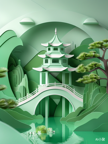 叠纸kirigamimulti-dimensional paper kirigami craft featuring chinese pavilion and pine tree, tunnel composition, set against a minimalistic landscape background, geometric shapes, dreamy green pastel tones, colorful oil, exquisite details, UHD, —ar 4:7