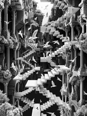 Escher's StairsEscher's black and white print style, three-dimensional, exquisite miniatures, layers of forests, 3D, upward transformation into flying birds, endless sense of space, low-angle looking up, multi-point perspective, multi-point perspective, illusion, super wide-angle lens, Exquisite and complex, countless geometric figures, minimalism, Zen, suspended interlacing, epic scenes, exquisite, ultra-high definition, 32k, Monument Valley 