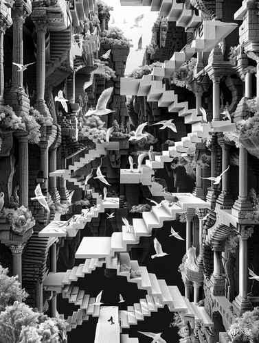 Escher's StairsEscher's black and white print style, three-dimensional, exquisite miniatures, layers of forests, 3D, upward transformation into flying birds, endless sense of space, low-angle looking up, multi-point perspective, multi-point perspective, illusion, super wide-angle lens, Exquisite and complex, countless geometric figures, minimalism, Zen, suspended interlacing, epic scenes, exquisite, ultra-high definition, 32k, Monument Valley 