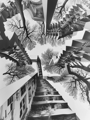 Escher's StairsEscher's black and white print style, three-dimensional, exquisite miniatures, layers of forests, 3D, upward transformation into flying birds, endless sense of space, low-angle looking up, multi-point perspective, multi-point perspective, illusion, super wide-angle lens, Exquisite and complex, countless geometric figures, minimalism, Zen, suspended interlacing, epic scenes, exquisite, ultra-high definition, 32k, Monument Valley 