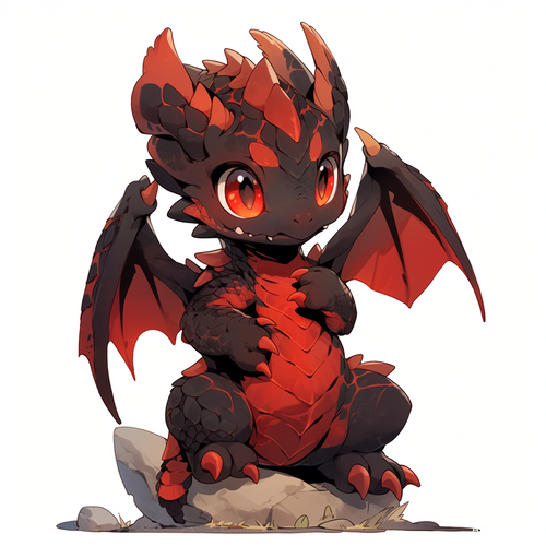 (male dragon cub), body color is mainly (red and black),(evil dark), expression is sarcastic, has dragon characteristics, （body is surrounded by evil red and black 线条）, eyes are evil dark,双眼血红，（幼小稚嫩），（只有幼龙自己），（非人形而是兽形），（暗黑动画风格），( 没有成年的生物)，（背景黑暗）