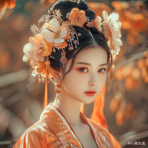 人物描述: -位古风美人穿着橙色汉服，头上戴着花做的头饰，她身姿婀娜，面容清丽。風背景描述:背景干净整洁，突出了她的优雅气质。摄影构图:淡雅的色调与古典氛围相得益彰。拍摄采用柔和的侧光，镜头选用长焦，突出了美人的特点