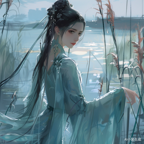 人物描写：古风美人，青衣采莲女绘画风格：水墨彩绘插画风，服饰描述：温婉，明制服饰，轻盈舞袖场景描述：芦苇池塘，映衬柳絮，倒影，蓝绿色调，微笑