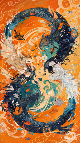 This is an abstract yin-yang painting depicting a winged fish monster on one side and a white girl lying on her side on the other side, she and the fish monster forming a perfect circle. The background, on the other hand, is colored in orange and is surrounded by frolicking fish, The background is orange, surrounded by swirling patterns that give it a threedimensional feel. It has vibrant colors and is filled with fantasy elements such as phoenixes flying around and fish swimming below. This artwork creates