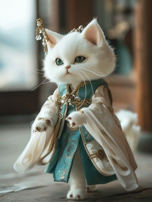 Cute white cat is shopping.She stands and walkson her feet.She has a furry white cat face,a pair ofemerald green cat eyes,wearing a skirt,ChineseHanfu,a pair of furry cat ears,Chinese elements,Chinese style,ancient style,high-definition photo,soft light,bright,high-definition,more details,ar 3:4 s 400