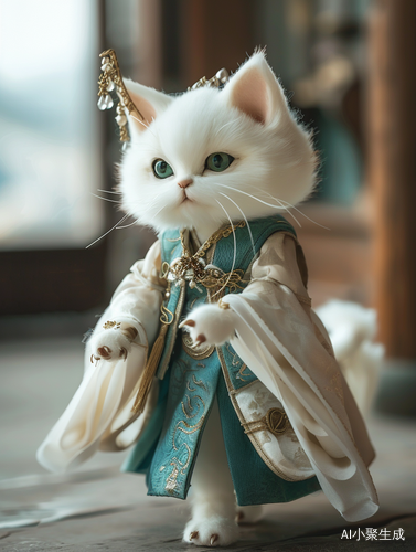 Cute white cat is shopping.She stands and walkson her feet.She has a furry white cat face,a pair ofemerald green cat eyes,wearing a skirt,ChineseHanfu,a pair of furry cat ears,Chinese elements,Chinese style,ancient style,high-definition photo,soft light,bright,high-definition,more details,ar 3:4 s 400