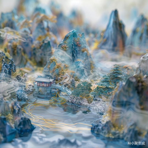 Miniature landscape, Chinese landscape, in aglass, 3d stereo effect of the mountain, blue and greercolor scheme, gold lines, natural light,panoramiccomposition, blurred foreground, HD 8k,-ar 3:4 s 250 v 6.0