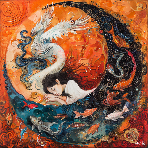 This is an abstract yin-yang painting depicting a winged fish monster on one side and a white girl lying on her side on the other side, she and the fish monster forming a perfect circle. The background, on the other hand, is colored in orange and is surrounded by frolicking fish, The background is orange, surrounded by swirling patterns that give it a threedimensional feel. It has vibrant colors and is filled with fantasy elements such as phoenixes flying around and fish swimming below. This artwork creates