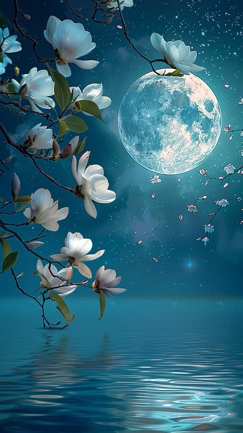 Beautiful white flowers on the water, full moon and starry sky, with blue background, high definition photography style, and a lake reflection in front of them. The magnolia tree is adorned by glowing moonlight. This is an original artwork design for a poster, with exquisite details, meticulous brushwork, and a realistic scene. It features a wideangle lens and highdefinition photography. White camellia blossoms, with green leaves hanging from its branches. ar 3:4