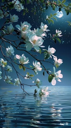 Beautiful white flowers on the water, full moon and starry sky, with blue background, high definition photography style, and a lake reflection in front of them. The magnolia tree is adorned by glowing moonlight. This is an original artwork design for a poster, with exquisite details, meticulous brushwork, and a realistic scene. It features a wideangle lens and highdefinition photography. White camellia blossoms, with green leaves hanging from its branches. ar 3:4