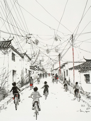 This is a detailed pen and ink drawing depicting a festive scene in the Hutongs of Beijing, with children riding bicycles.The scene is joyful but orderly, showingpeople on vacation and happy interactions against a pure white background."Created using:Pen and ink, high contrast, detailed lines, minimalist style,focus onfacial expressions and technical equipment, ar9:16 v 6.0