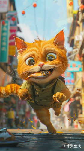 可爱橘猫奔跑于繁华街道，嘴里叼着早餐鱼