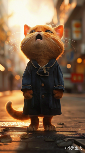 皮克斯风格可爱橘猫摔倒哭泣的黄昏街道