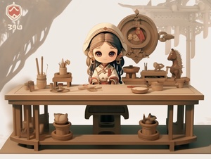 Wood carving workbench，A,very,cute,small，A little girl sitting on a stool doing wood carving，A,very,cute,small, woodcarving，rich in detail, game style, stereoscopic, 3D, super clear and super detailed pony,cute, Chicken, game, and OC, Blender, C4d, epic, 3 d Effect of rendering, the film, film, photography, film cameras, room, scene,, simple, rich colors,, clay, material, lightweight, texture, and C4D, OC, rendering, and solid, background， woodcarving，rich in detail, game style, stereoscopic, 3D, super clea