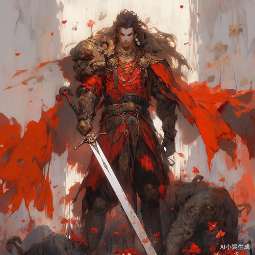 古代将军铁面笑脸，手持大刀身披残甲紫气环绕