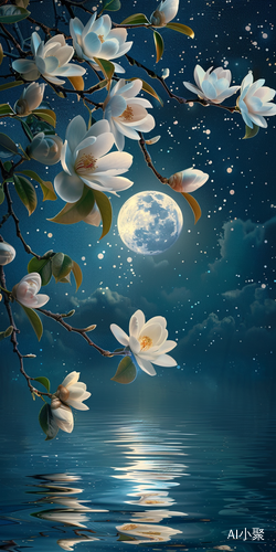 Magnificent Moonlit Magnolia Tree on Blue Background