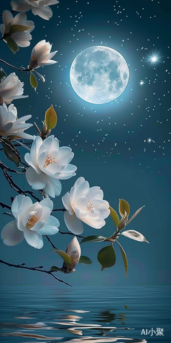 Magnificent Moonlit Magnolia Tree on Blue Background