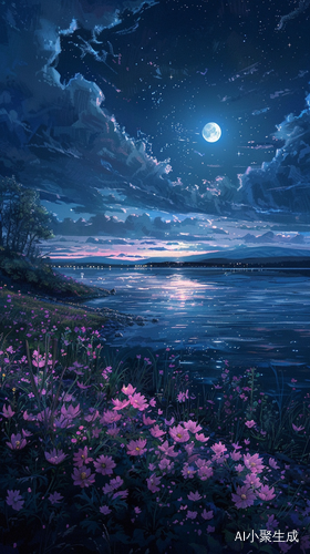 夜色湖边，粉色花间