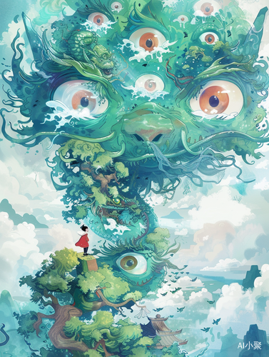 Colorful Cartoon World with Chinese Dragon Tree and Floating Eyes