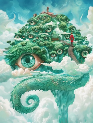 2️⃣ The green blue water of the Chinese dragon tree is full, and there is an island in front with many huge eyes floating on it. A person wearing red walks along its body to reach another world, creating a surreal atmosphere in a colorful cartoon style. The background features white clouds and sky blue colors, with exaggerated shapes, fantastical creatures, detailed illustrations, and a bird's-eye view perspective. ar 3:4