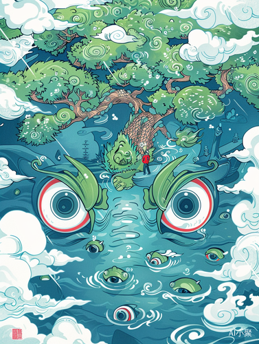 Colorful Cartoon World with Chinese Dragon Tree and Floating Eyes