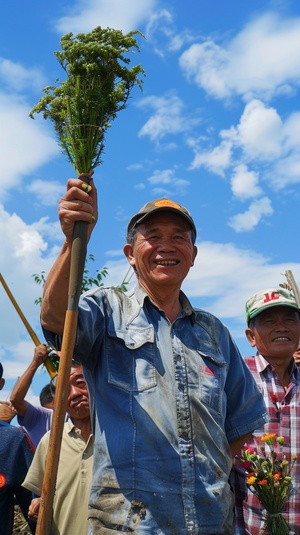 蓝天白云、欢声笑语、鲜花芬芳，工人们齐聚一堂，热烈庆祝劳动节，劳动者面带笑容、挥舞锄头、握着工具，辛勤耕耘，装扮的舞台充满祥和与欢乐，充满了温情和希望；眼前的景象既是对劳动者努力工作的褒奖，也是表达对劳动者辛勤付出的感谢和敬意。