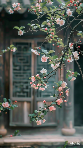 中国古风庭院中的海棠花景